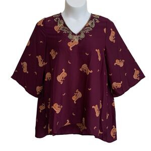 Roaman's Blouse Tunic Top Womens Size 18W Burgundy Gold Paisley 3/4 Wide Sleeve